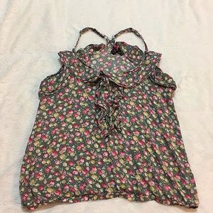 Floral Ruffle Racerback Tank Top Rayon Blouse Casual Flowers Spaghetti Strap